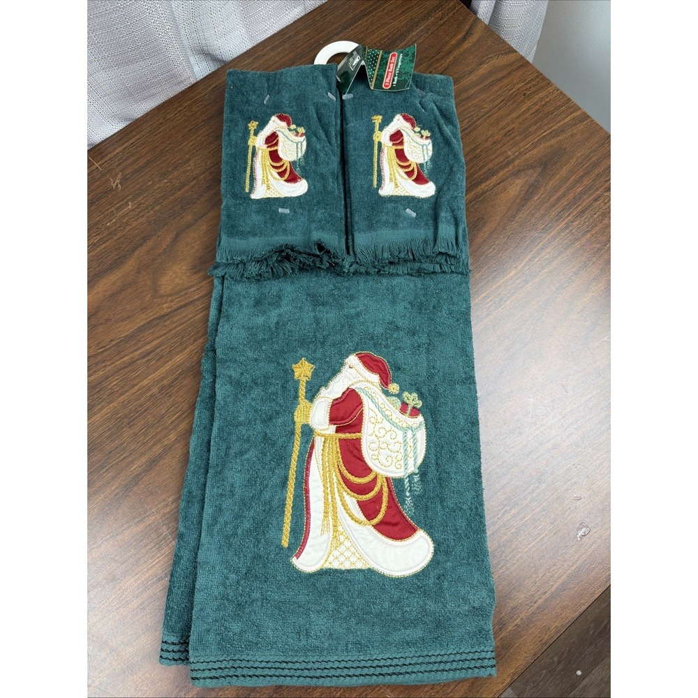 Vintage Y2K Santa W Bag Embroidered Towel Set 3 Piece Trim A Home Forest Green